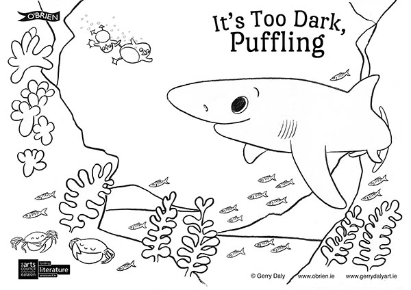 Its Too Dark Puffling let's draw step by step PDF of the Pufflings with a blue shark
