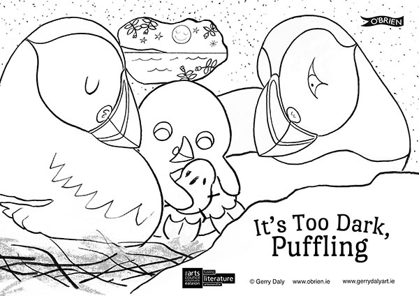 Its Too Dark Puffling let's draw step by step PDF of little puffling in the burrow with his puffin parents