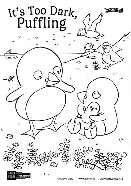 Its Too Dark Puffling let's draw step by step PDF of Puffling giving the teddy to the little puffling