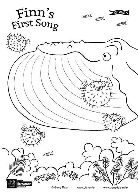 Finn's First Song colouring in PDF of puffer fish looking on as Finn gets really big