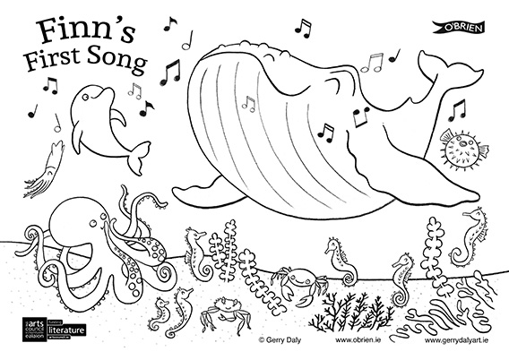 Finn's First Song colouring in PDF of Finn singing his song and sea creatures listening