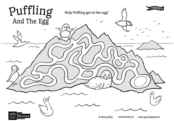 Puffling And The Egg colouring in PDF of the Skellig Michael maze where Puffling finds the egg