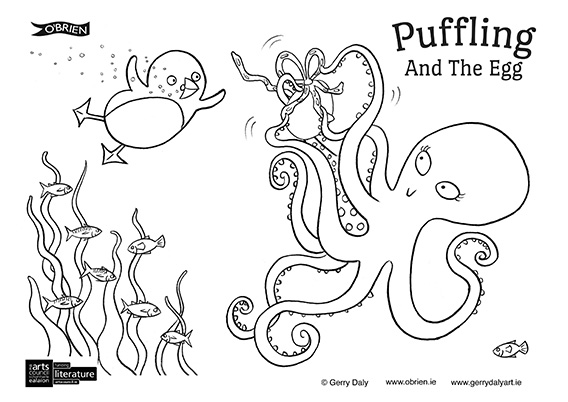 Puffling And The Egg colouring in PDF of Puffling watching while the octopus wraps the egg in seaweed
