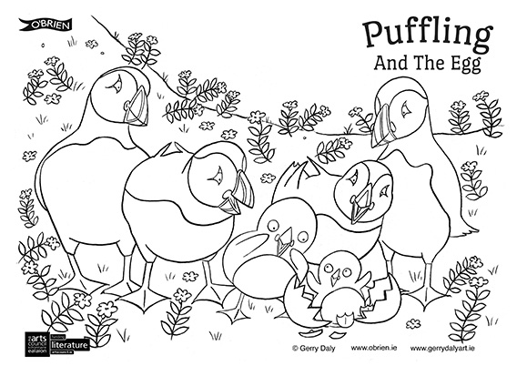 Puffling And The Egg colouring in PDF of the puffins and Puffling watching the egg crack open