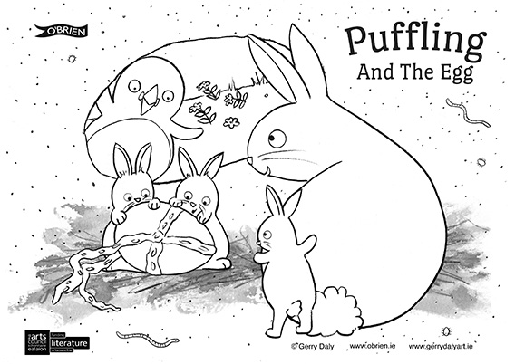 Puffling And The Egg colouring in PDF of Puffling and the rabbits in their burrow