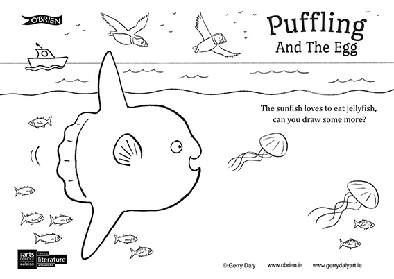 Puffling And The Egg colouring in PDF of a sunfish and jellyfish