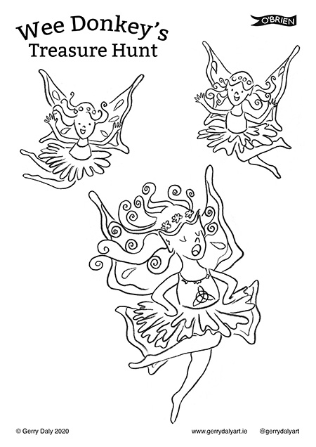 Wee Donkey's Treasure Hunt colouring in PDF of the Faeries flying