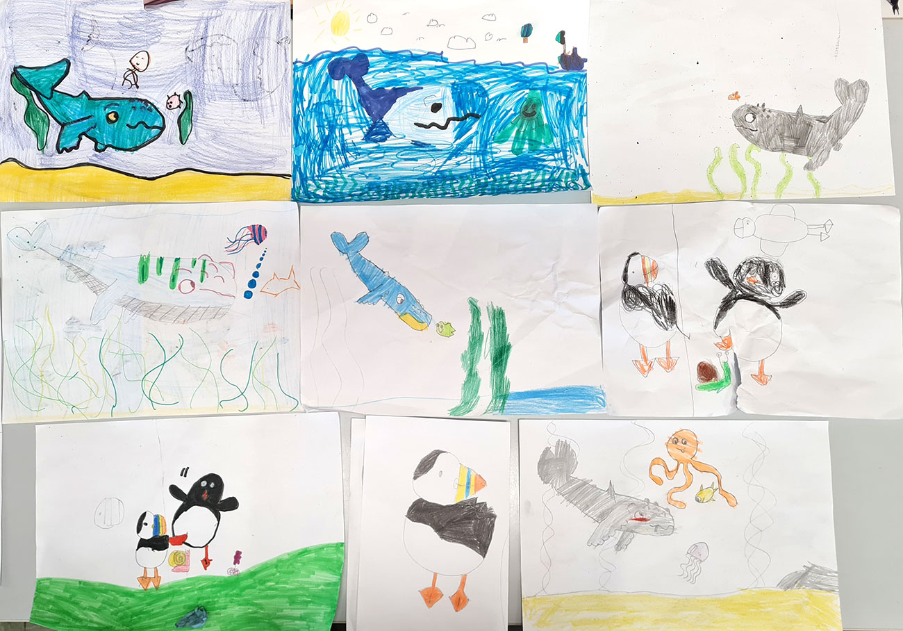 children's drawings of whales and puffins