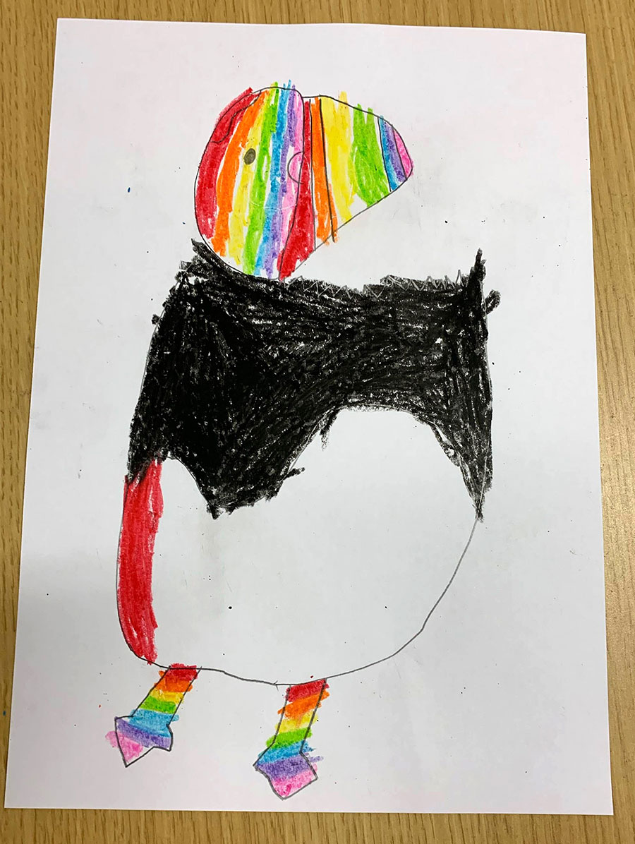 Child's drawing of a rainbow puffin