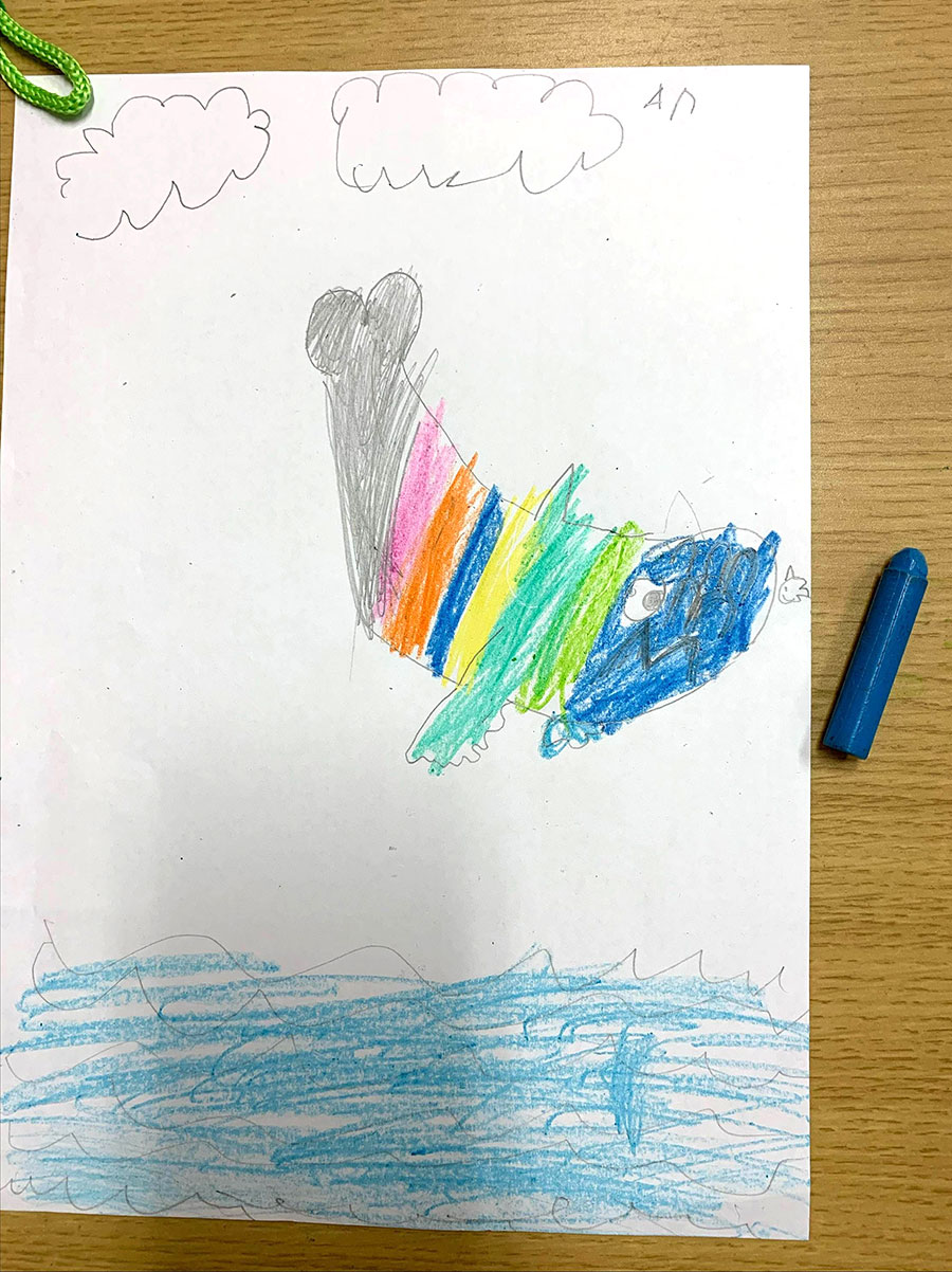 Child's drawing of Finn the whale