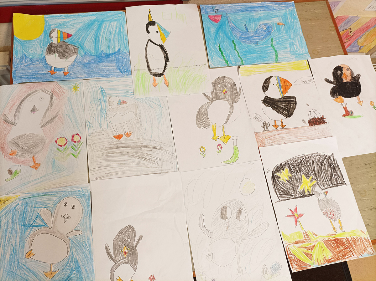 Children's drawings of Puffling, Finn and puffins'