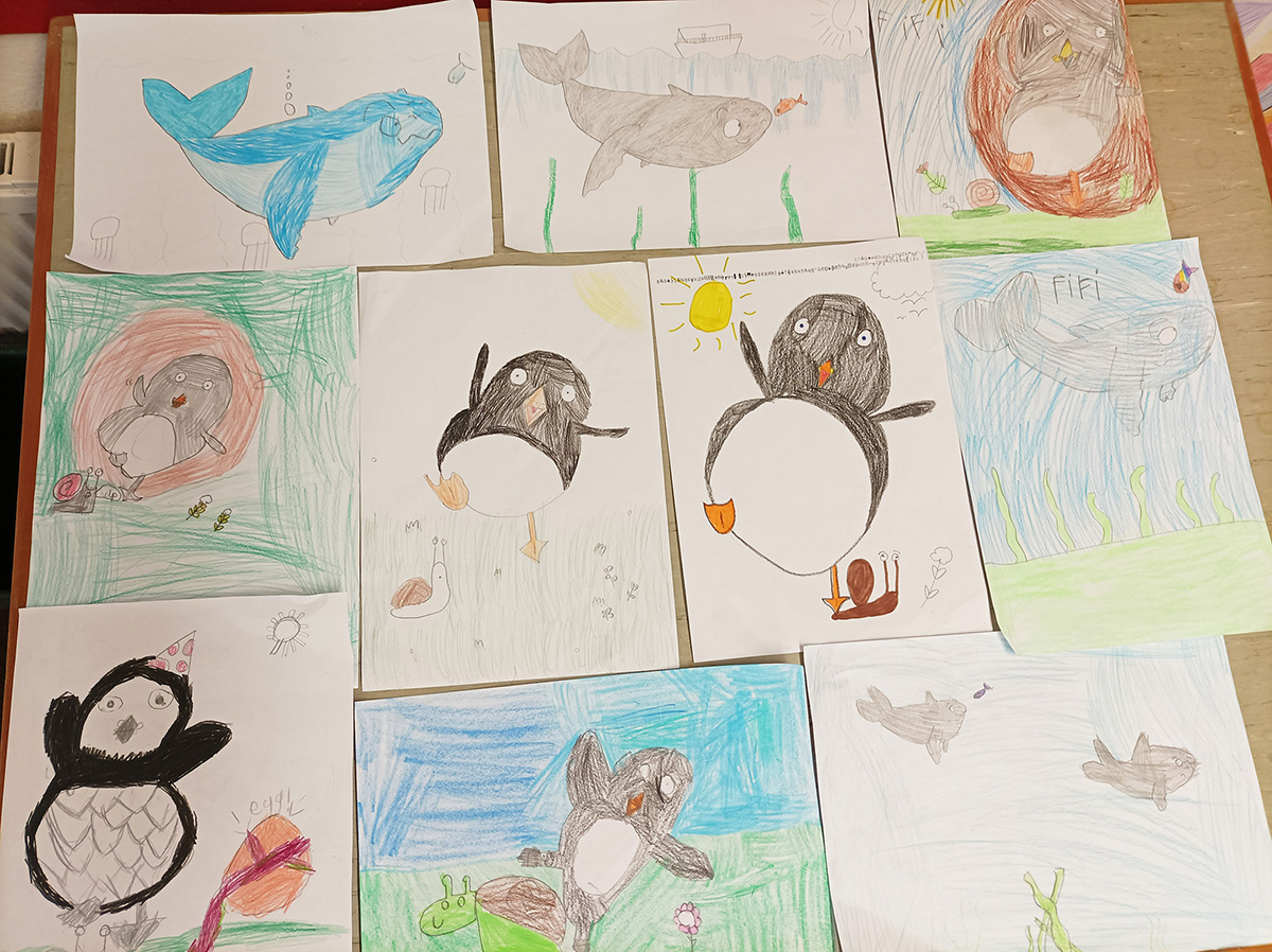 Children's drawings of Puffling, Finn and puffins