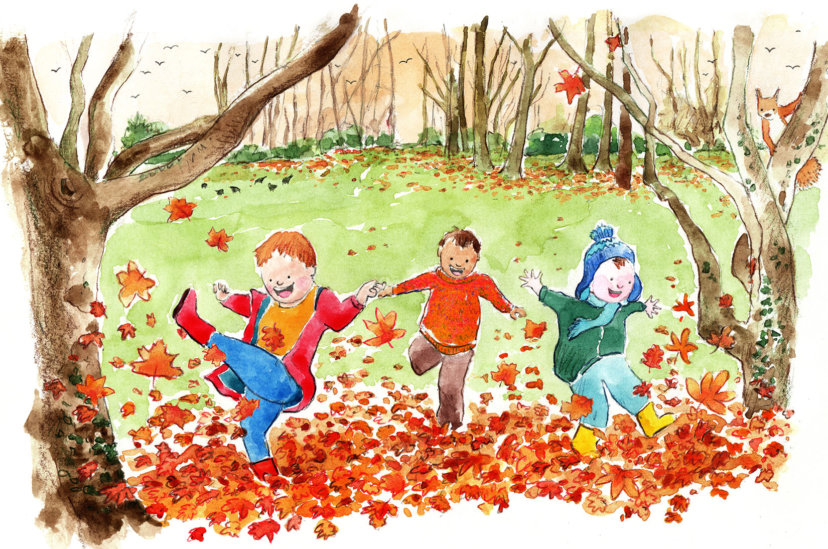 Three boys are running through autumn leaves in the park and kicking them in the air