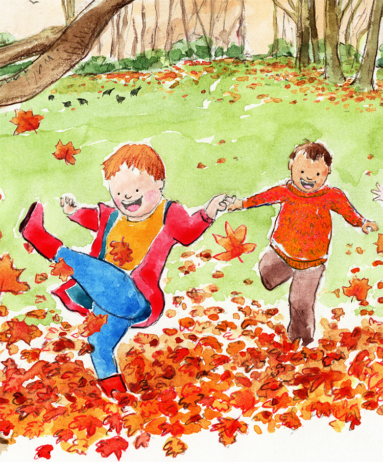 Three boys are running through autumn leaves in the park and kicking them in the air