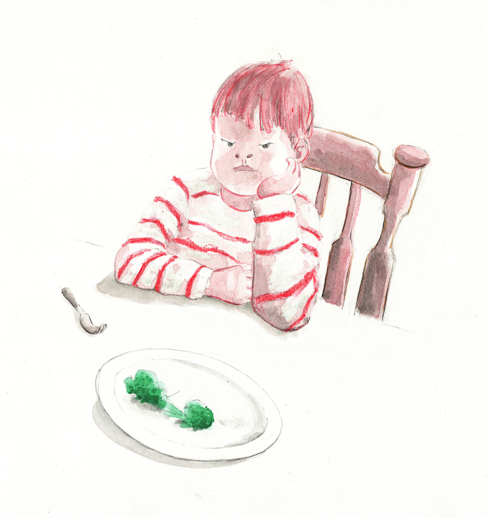 A sulking boy sits at the kitchen table staring at his pushed away dinner plate which has unwanted brocolli on it