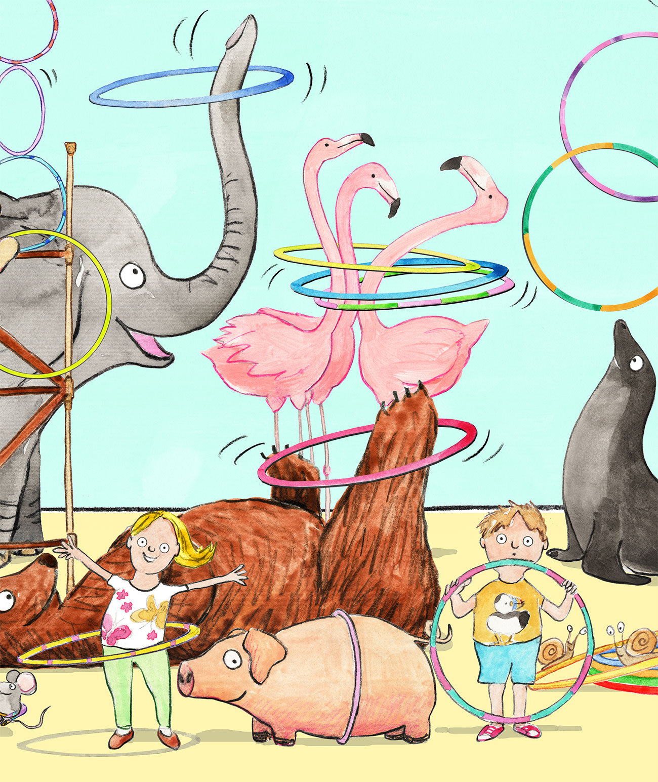 Animals and birds and a girl and a boy playing with many hula hoops