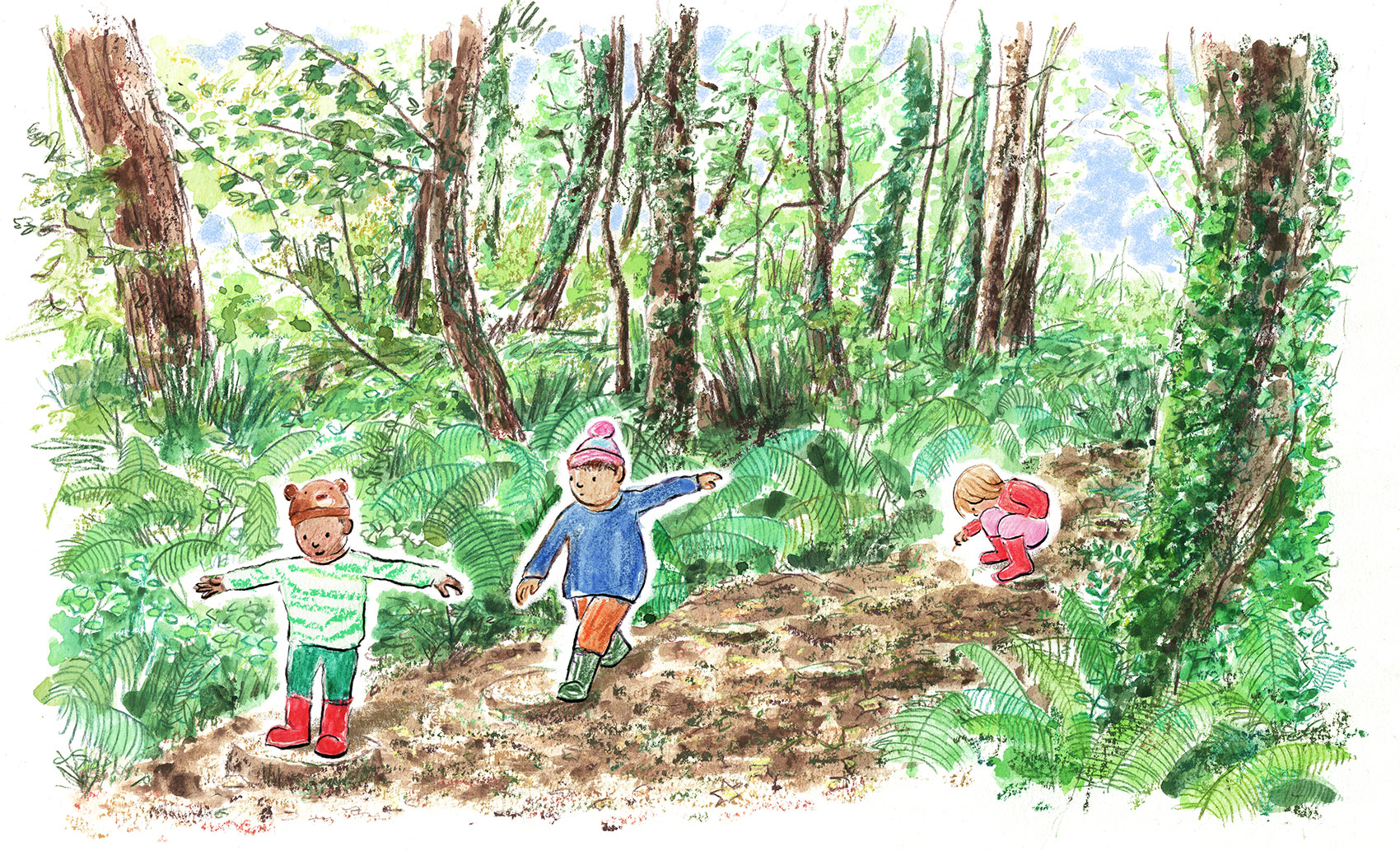 Three boys are walking through a woods and exploring