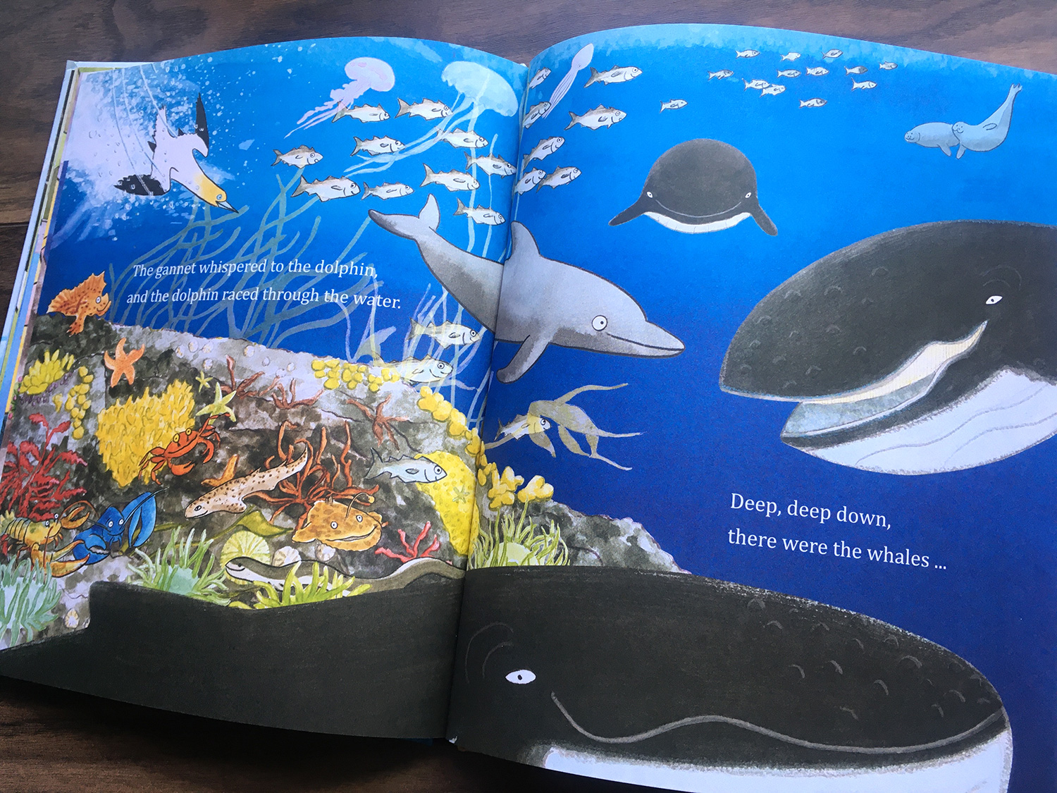 Where Are You Puffling? underwater scene with a gannet, dolphin, whales and more sea life