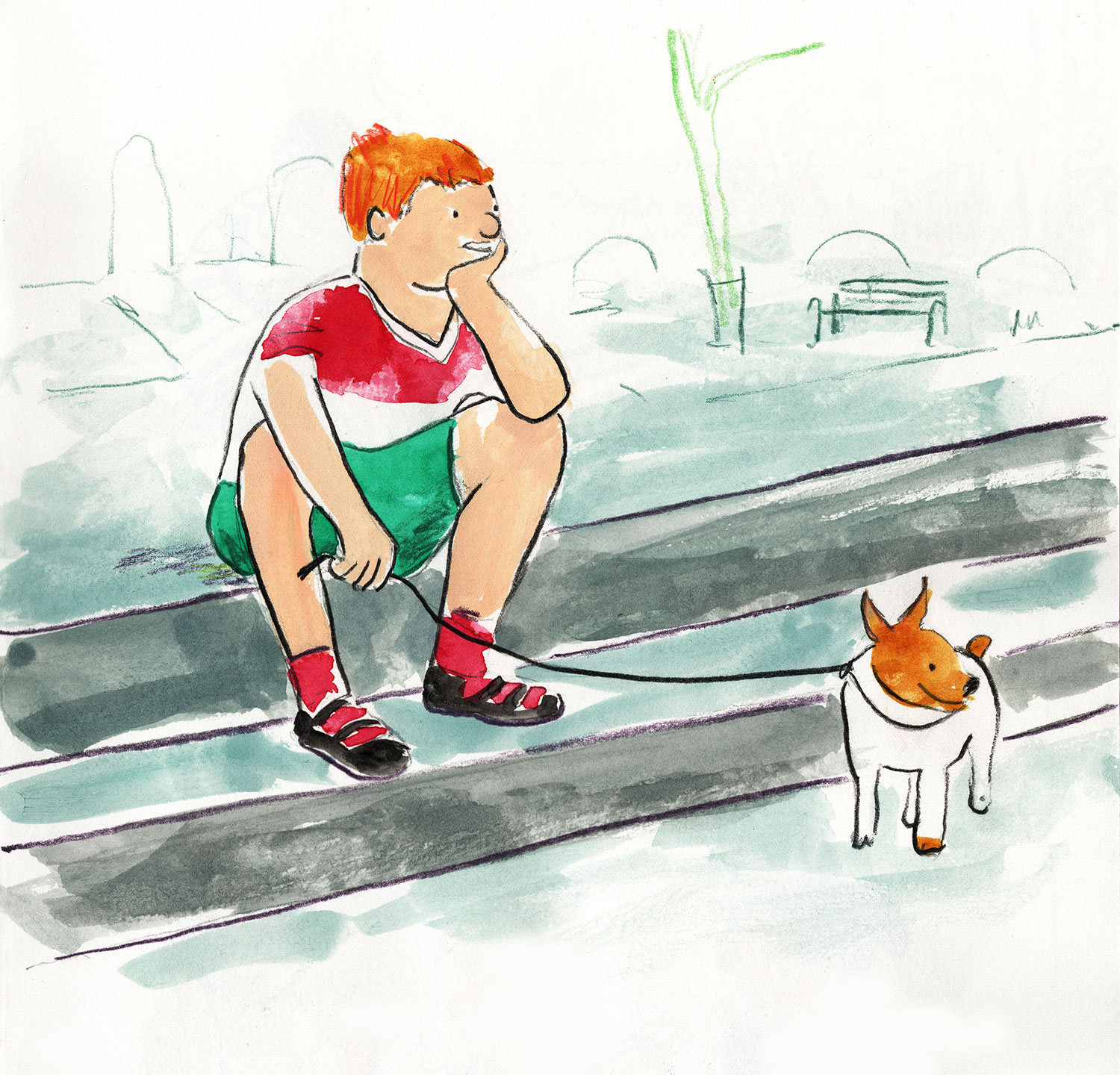 sketch of a boy and his dog sitting on a step