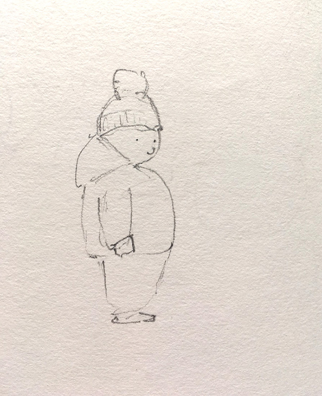sketch of a baby standing with a winter hat on