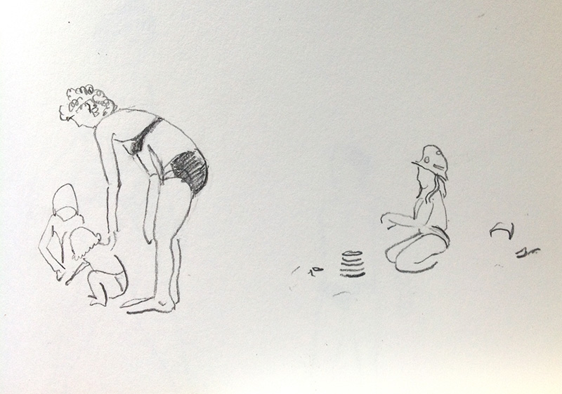 sketch of mother and children at the beach