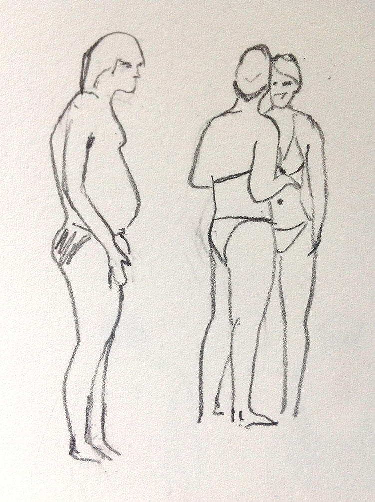 sketch of three people on the beach