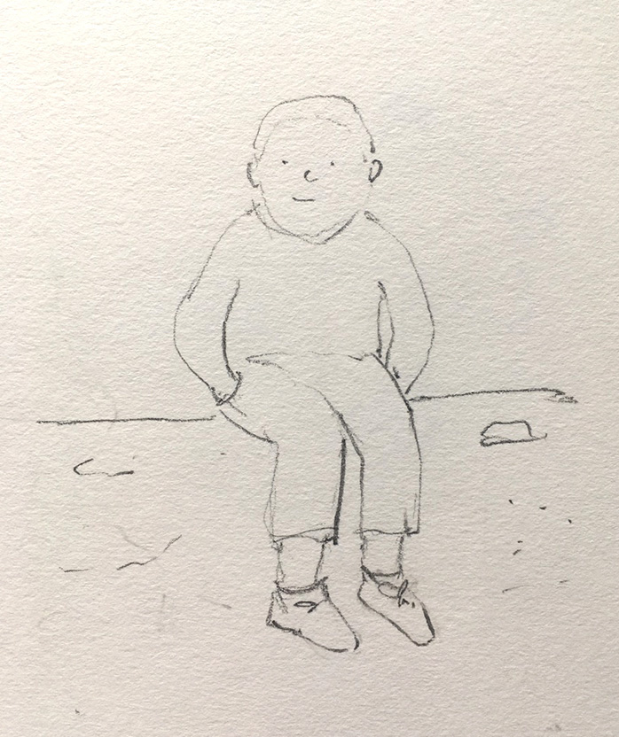 sketch of a small boy sitting on a wall