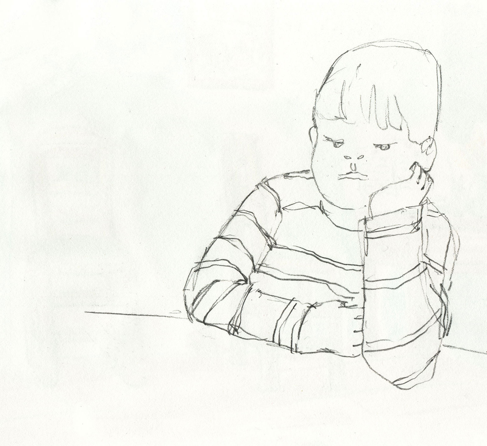 sketch of a boy at the dinner table who doesn't want his greens