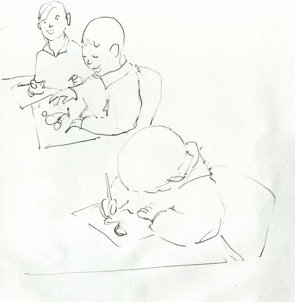 sketch of boys drawing at a table
