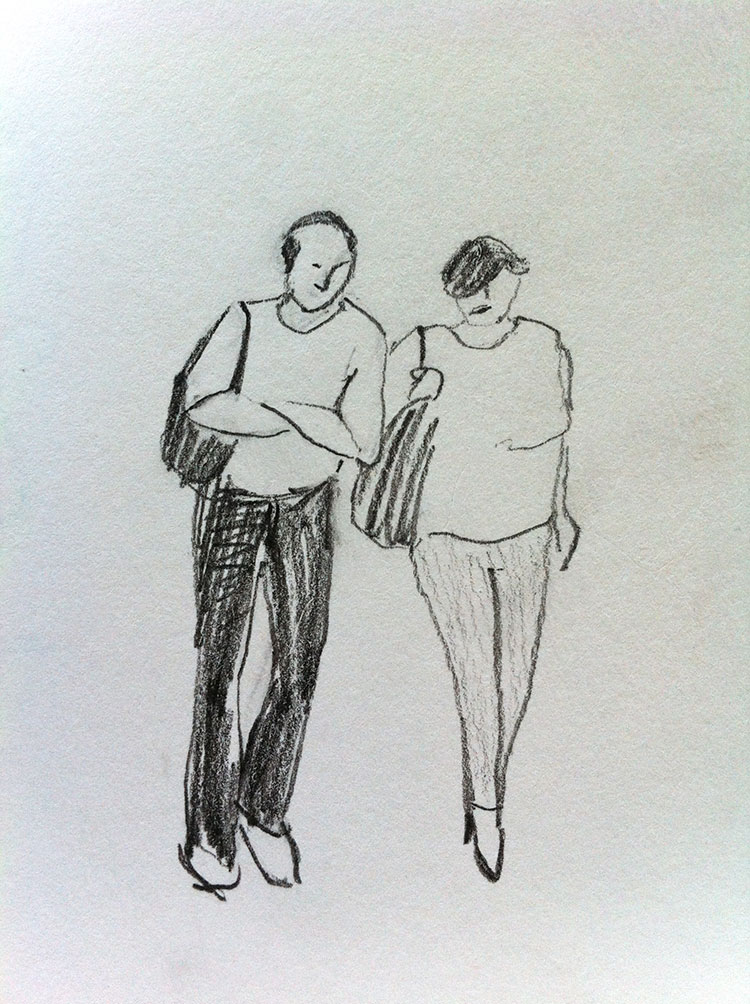 sketch of two shoppers walking