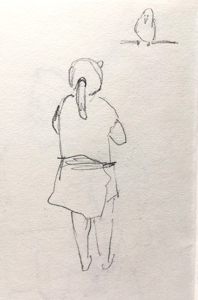 sketch of a girl looking up at a perched bird