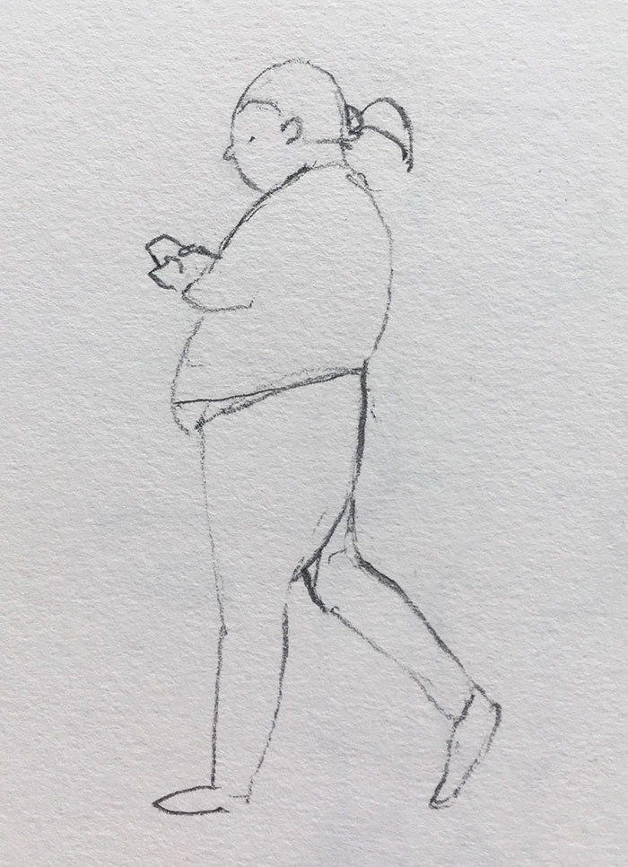sketch of a girl walking with mobile