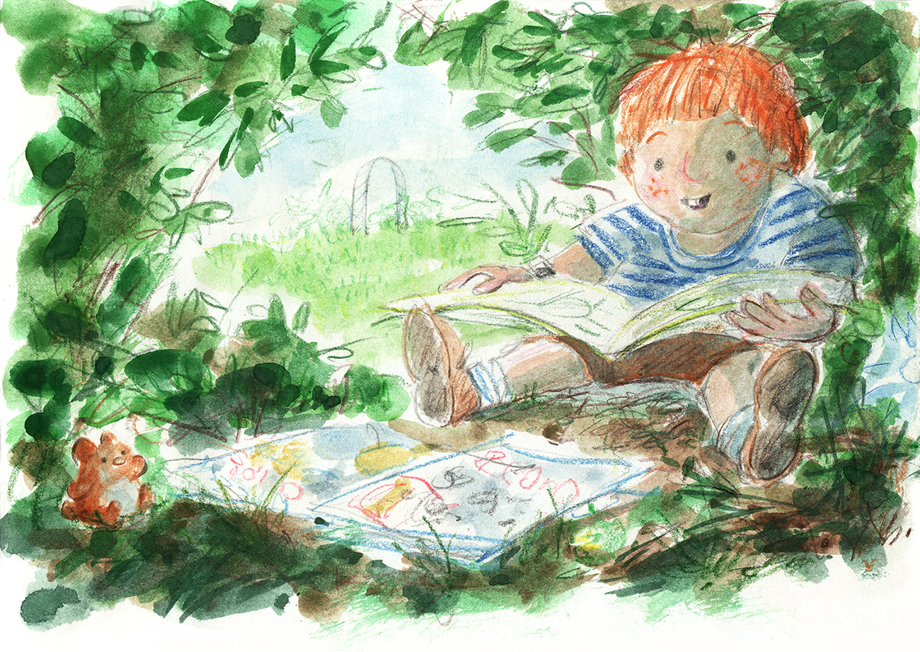 sketch of a boy reading to his tiny ted as they sit inside a hedge
