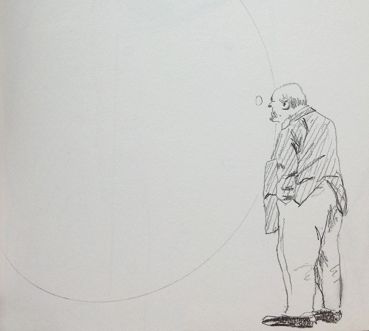 sketch of man looking through small hole of large sculpture