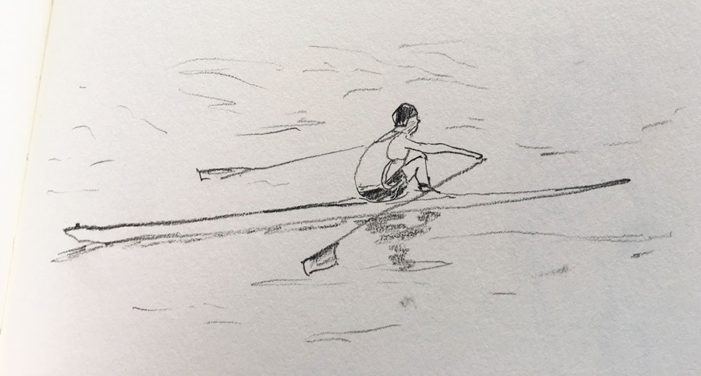 sketch of man in a rowboat on a river