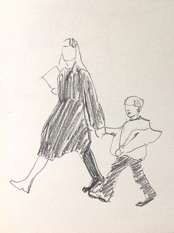 sketch of mum and boy walking