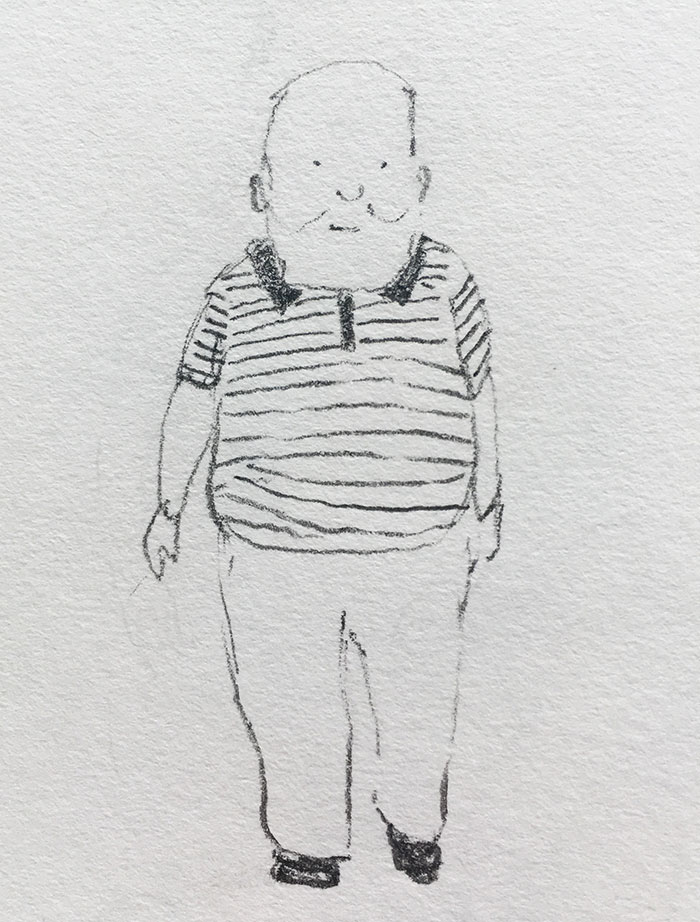sketch of an old man with white beard walking forward
