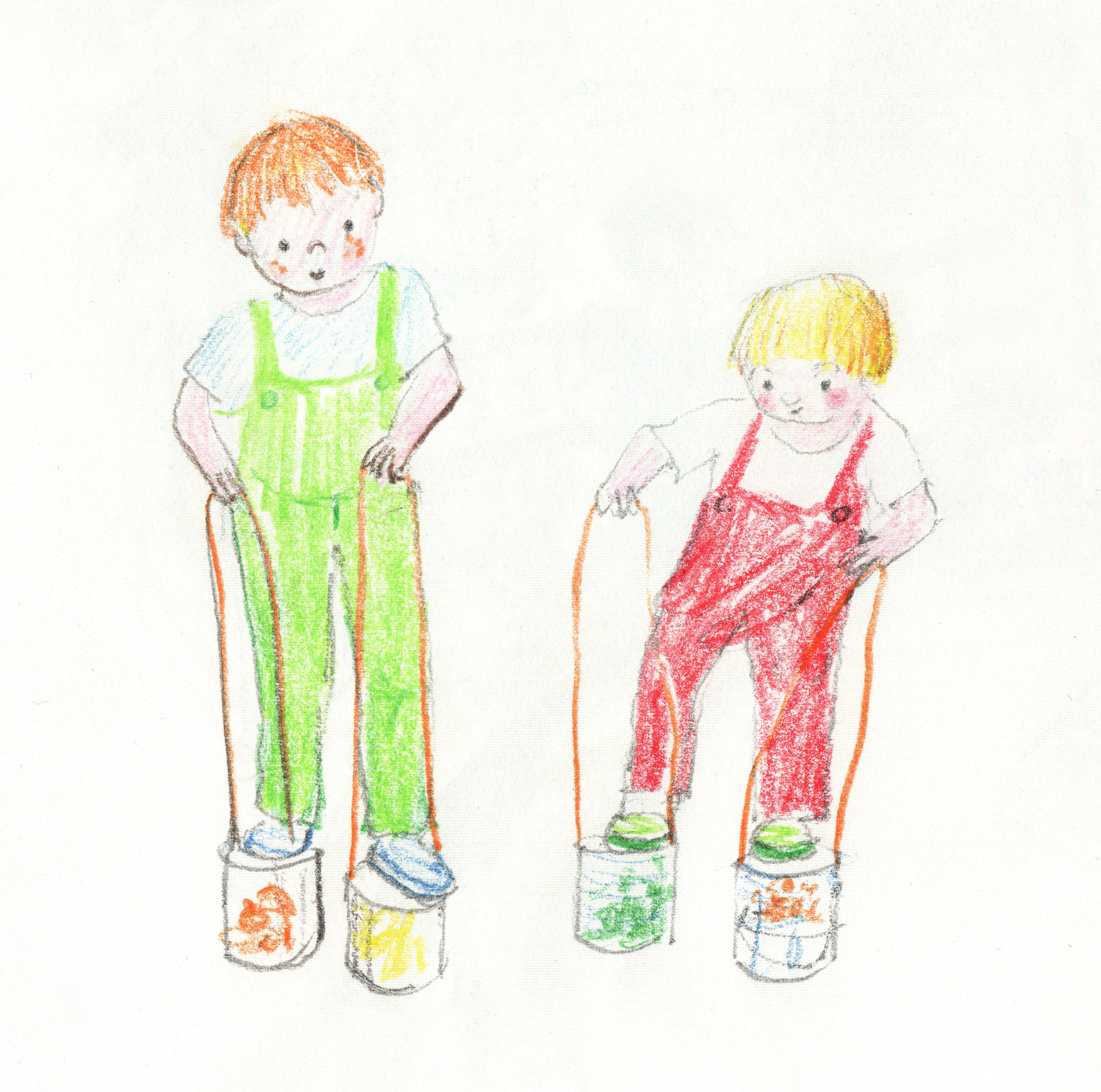 sketch of a two boys walking on stilts made from old cans