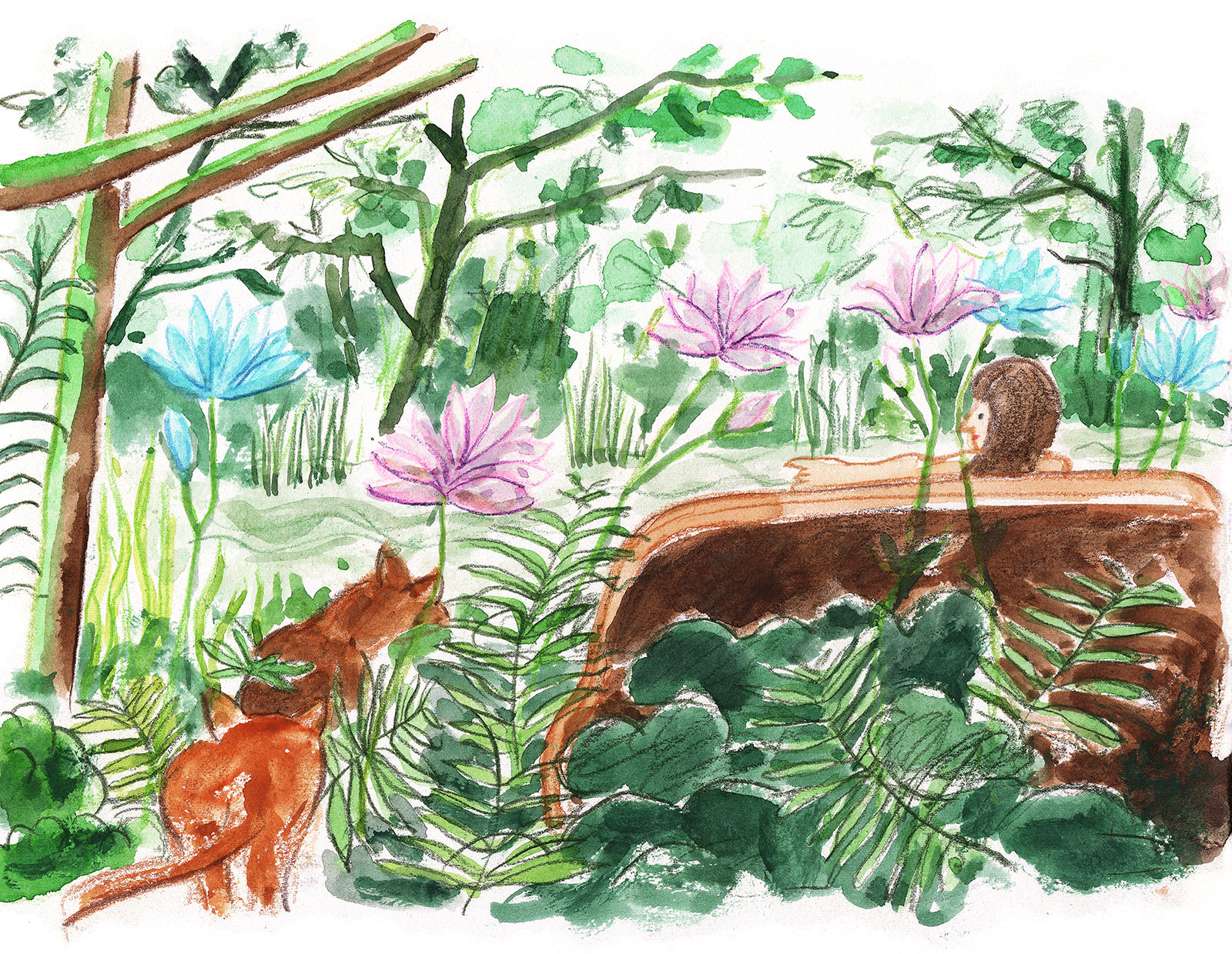 sketch of a woman on a sofa in the jungle beside a flowing river with two lions walking by