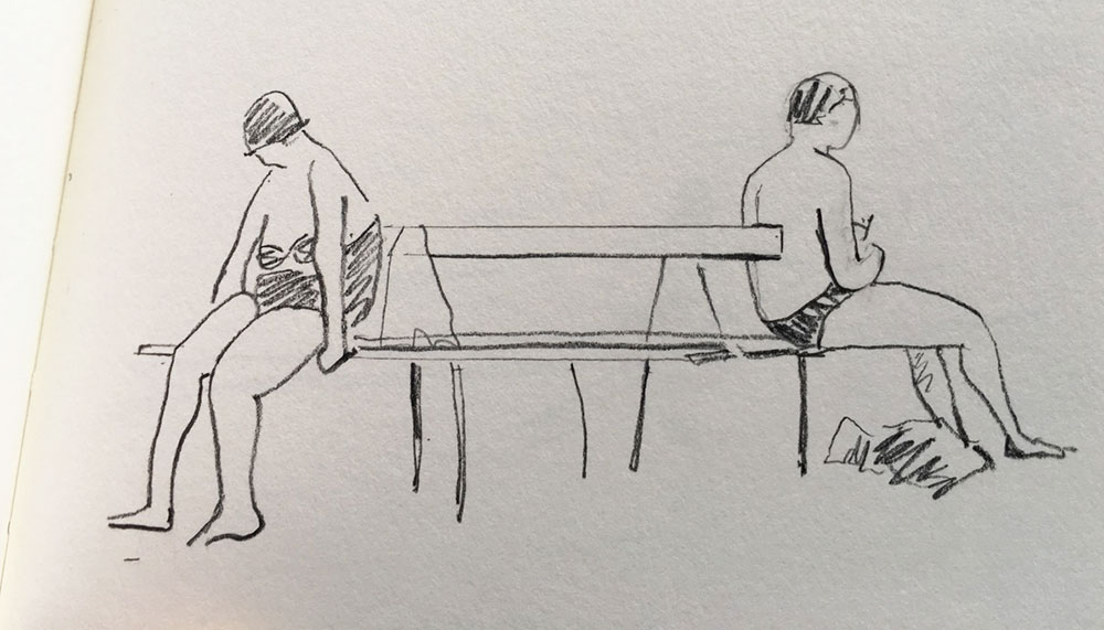 sketch of woman and man on beach bench