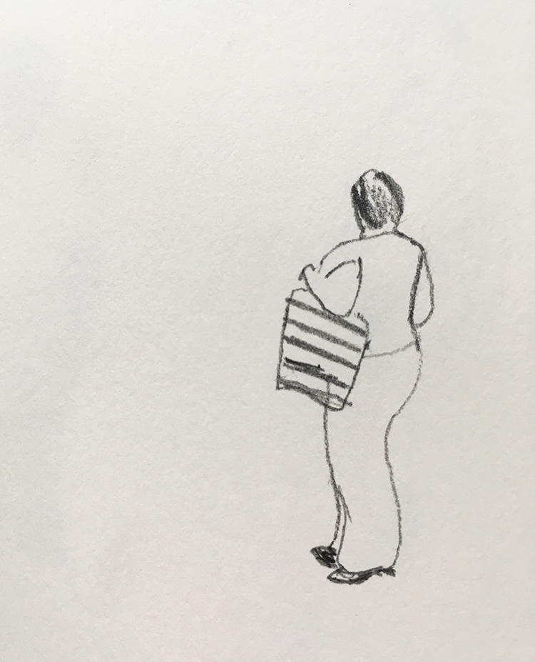 sketch of woman standing with stripped bag