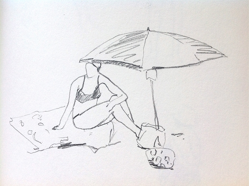 sketch of woman sitting under an umbrella